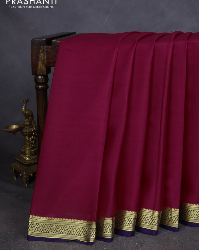 Pure mysore silk saree pink and navy blue with plain body and zari woven border