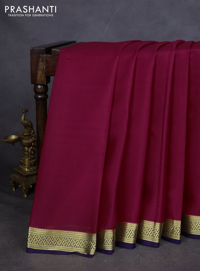 Pure mysore silk saree pink and navy blue with plain body and zari woven border
