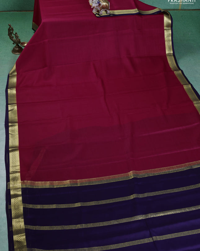 Pure mysore silk saree pink and navy blue with plain body and zari woven border