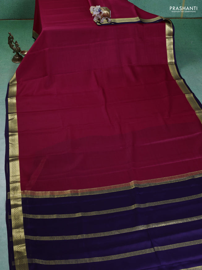 Pure mysore silk saree pink and navy blue with plain body and zari woven border