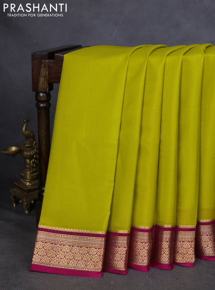 Pure mysore silk saree lime green and pink with plain body and zari woven border