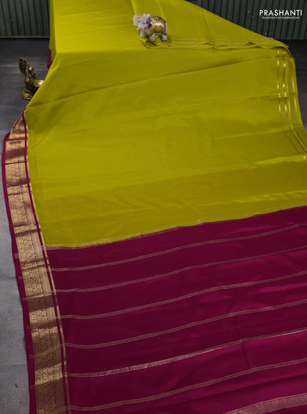 Pure mysore silk saree lime green and pink with plain body and zari woven border