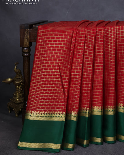 Pure mysore silk saree red and green with allover zari checked pattern and rettapet zari woven border