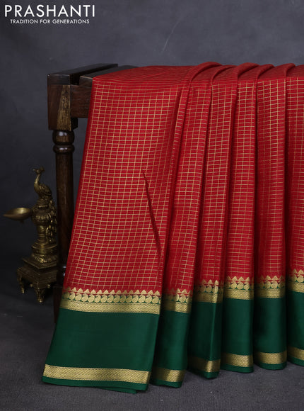Pure mysore silk saree red and green with allover zari checked pattern and rettapet zari woven border