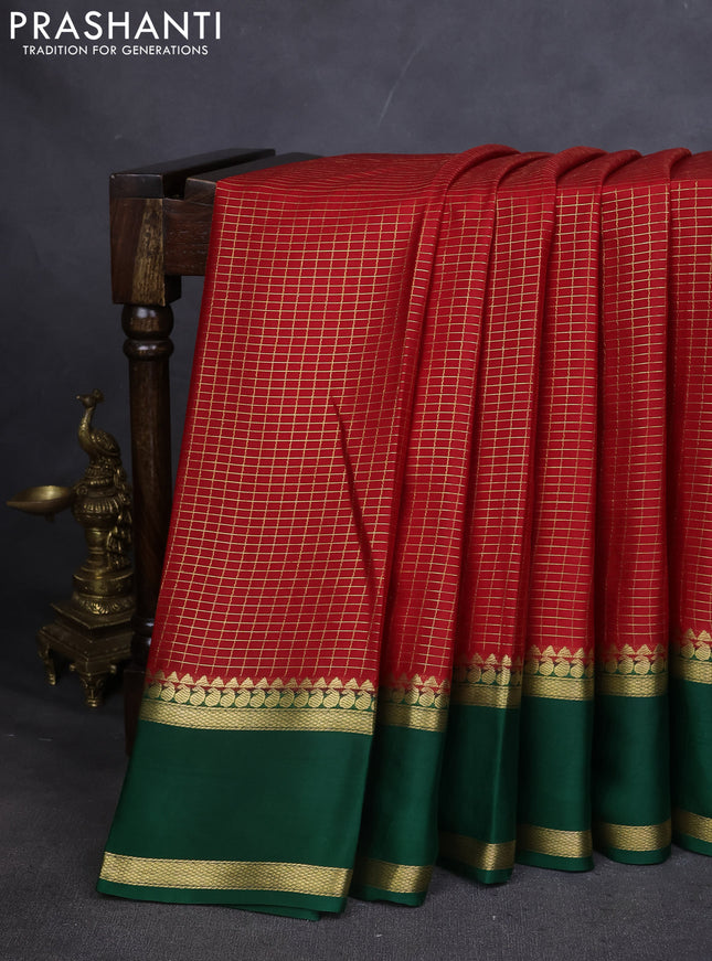 Pure mysore silk saree red and green with allover zari checked pattern and rettapet zari woven border