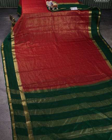 Pure mysore silk saree red and green with allover zari checked pattern and rettapet zari woven border