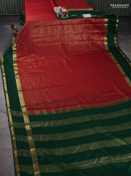 Pure mysore silk saree red and green with allover zari checked pattern and rettapet zari woven border