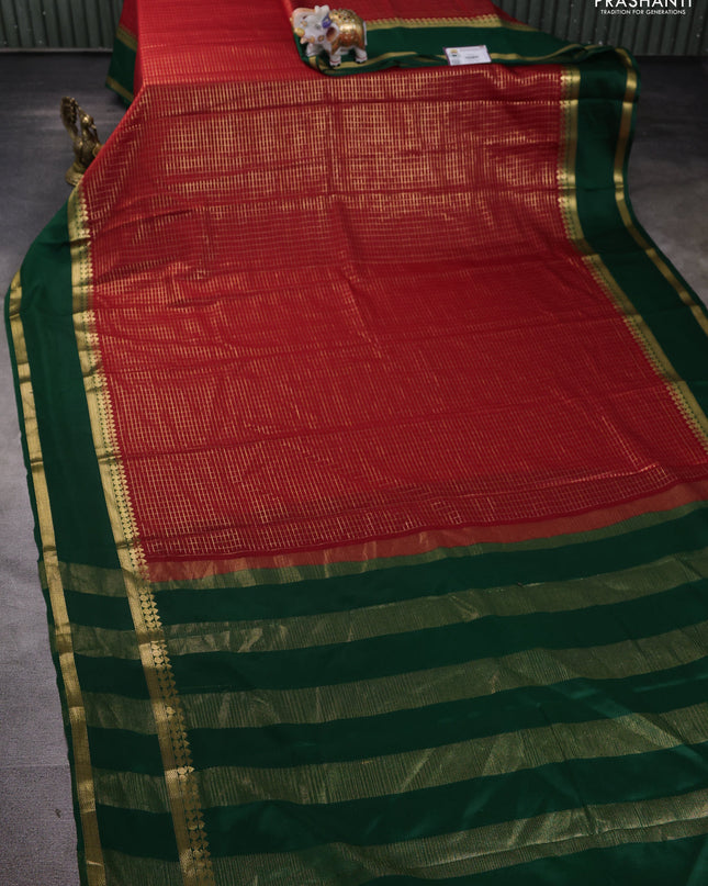 Pure mysore silk saree red and green with allover zari checked pattern and rettapet zari woven border