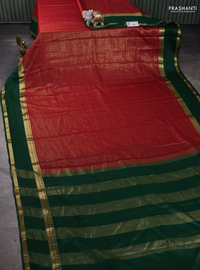 Pure mysore silk saree red and green with allover zari checked pattern and rettapet zari woven border