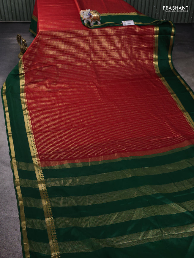 Pure mysore silk saree red and green with allover zari checked pattern and rettapet zari woven border