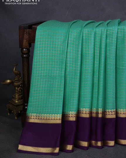 Pure mysore silk saree teal shade and purple with allover zari checked pattern and rettapet zari woven border