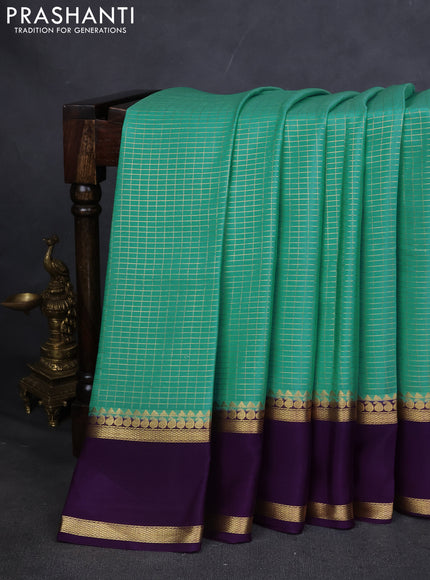 Pure mysore silk saree teal shade and purple with allover zari checked pattern and rettapet zari woven border