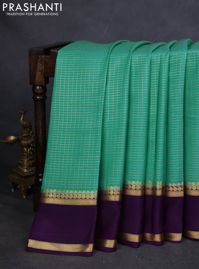 Pure mysore silk saree teal shade and purple with allover zari checked pattern and rettapet zari woven border
