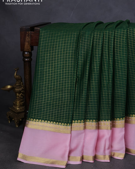 Pure mysore silk saree green and pastel pink with allover zari checked pattern and rettapet zari woven border