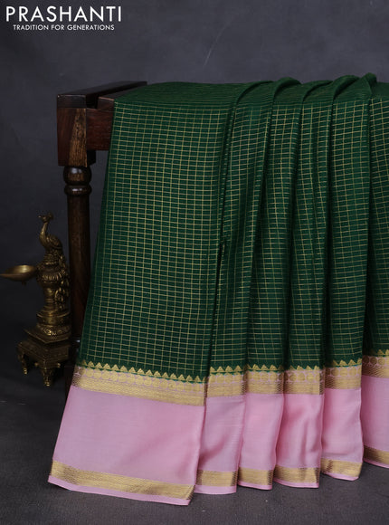 Pure mysore silk saree green and pastel pink with allover zari checked pattern and rettapet zari woven border