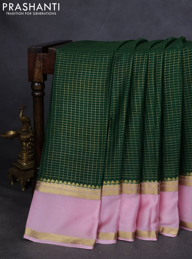 Pure mysore silk saree green and pastel pink with allover zari checked pattern and rettapet zari woven border
