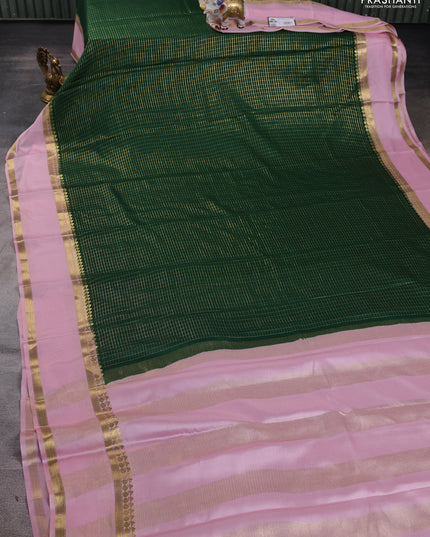 Pure mysore silk saree green and pastel pink with allover zari checked pattern and rettapet zari woven border
