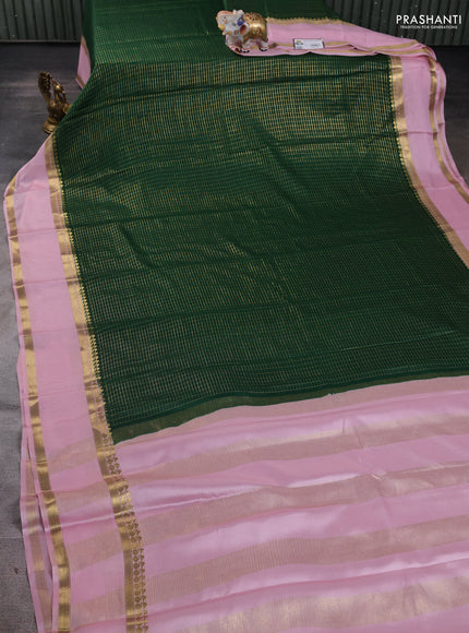 Pure mysore silk saree green and pastel pink with allover zari checked pattern and rettapet zari woven border