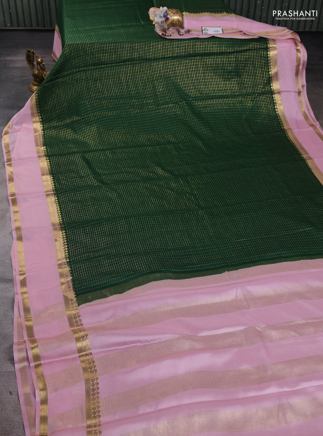 Pure mysore silk saree green and pastel pink with allover zari checked pattern and rettapet zari woven border