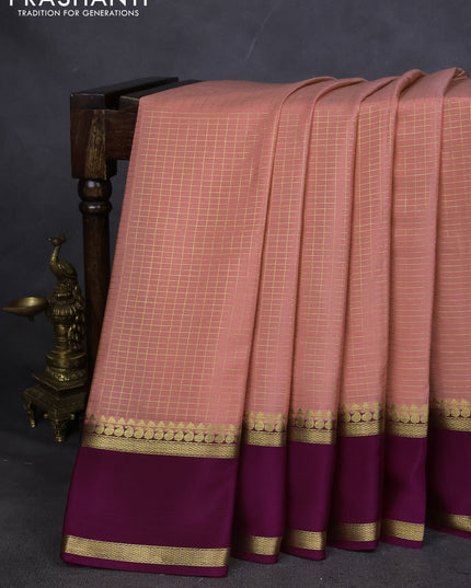 Pure mysore silk saree peach shade and purple with allover zari checked pattern and rettapet zari woven border