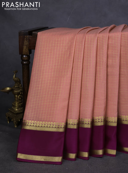 Pure mysore silk saree peach shade and purple with allover zari checked pattern and rettapet zari woven border