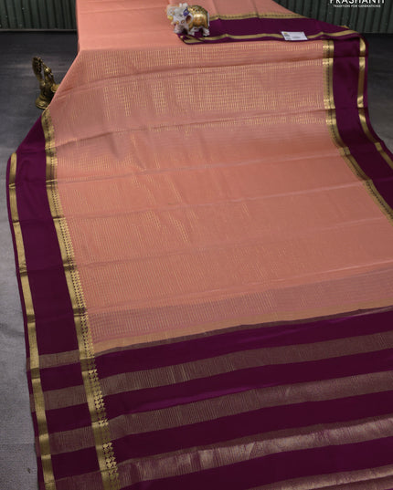 Pure mysore silk saree peach shade and purple with allover zari checked pattern and rettapet zari woven border