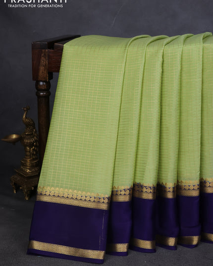 Pure mysore silk saree pista green and navy blue with allover zari checked pattern and rettapet zari woven border
