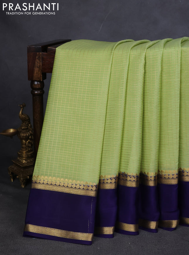 Pure mysore silk saree pista green and navy blue with allover zari checked pattern and rettapet zari woven border