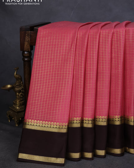 Pure mysore silk saree peach shade and coffee brown with allover zari checked pattern and rettapet zari woven border