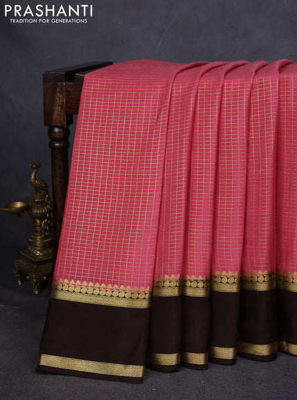 Pure mysore silk saree peach shade and coffee brown with allover zari checked pattern and rettapet zari woven border