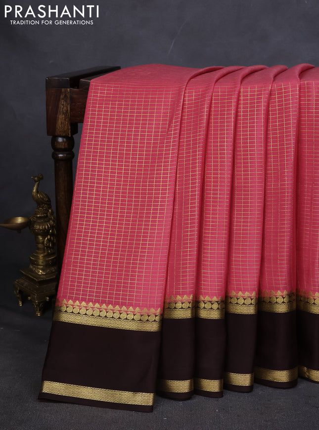 Pure mysore silk saree peach shade and coffee brown with allover zari checked pattern and rettapet zari woven border
