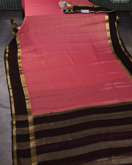 Pure mysore silk saree peach shade and coffee brown with allover zari checked pattern and rettapet zari woven border