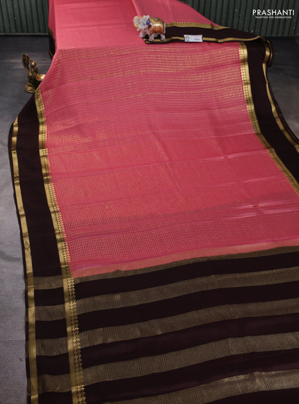 Pure mysore silk saree peach shade and coffee brown with allover zari checked pattern and rettapet zari woven border
