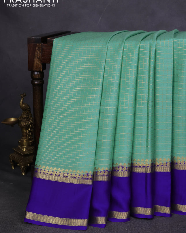 Pure mysore silk saree teal blue and royal blue with allover zari checked pattern and rettapet zari woven border