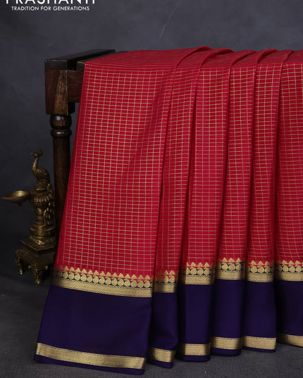 Pure mysore silk saree pink and dark blue with allover zari checked pattern and rettapet zari woven border