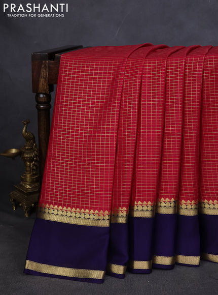 Pure mysore silk saree pink and dark blue with allover zari checked pattern and rettapet zari woven border