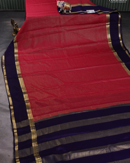 Pure mysore silk saree pink and dark blue with allover zari checked pattern and rettapet zari woven border