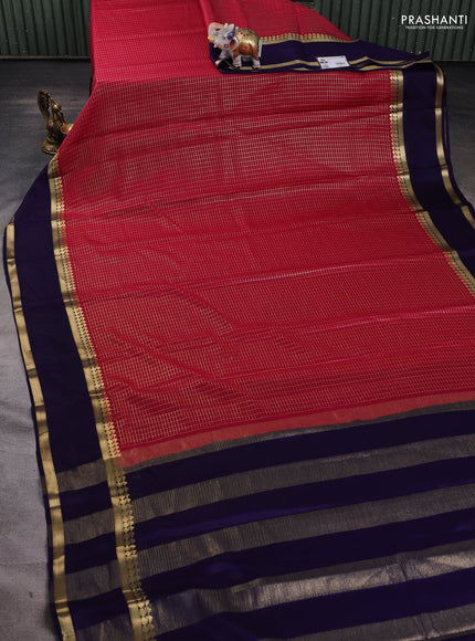 Pure mysore silk saree pink and dark blue with allover zari checked pattern and rettapet zari woven border