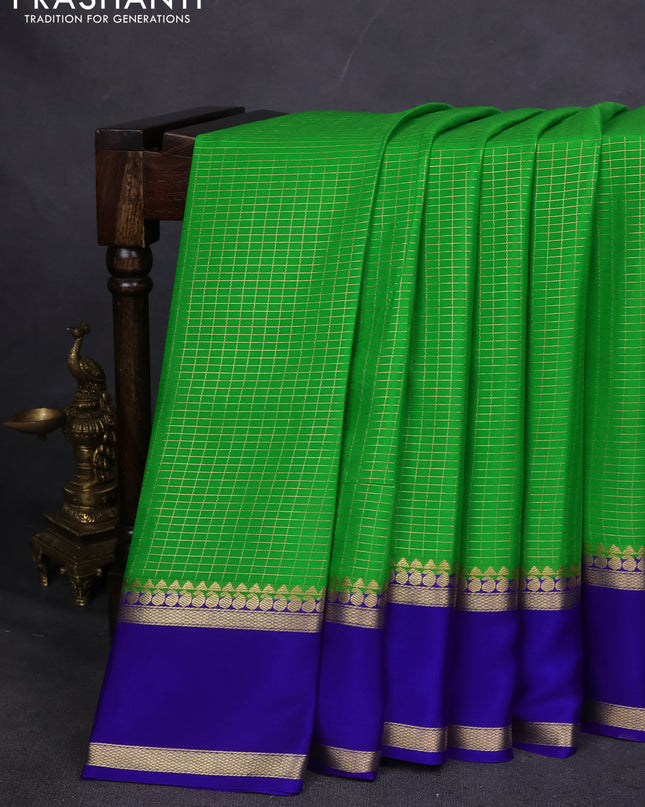 Pure mysore silk saree light green and blue with allover zari checked pattern and rettapet zari woven border