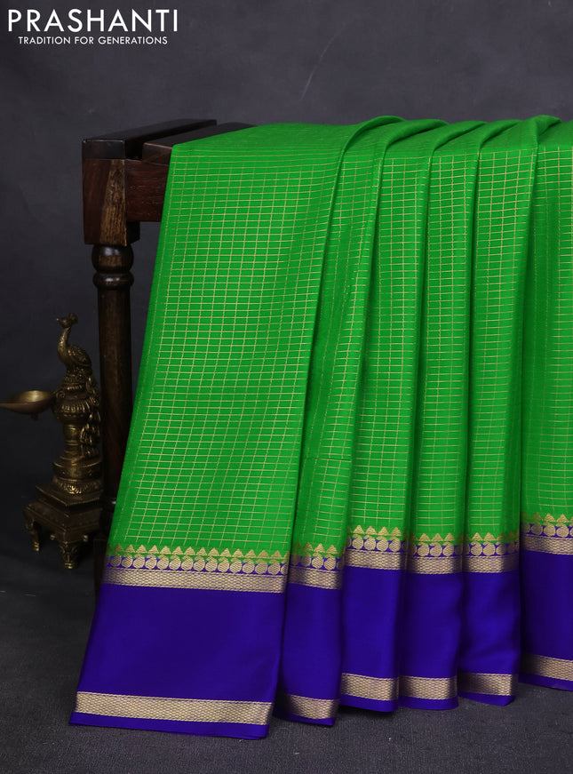 Pure mysore silk saree light green and blue with allover zari checked pattern and rettapet zari woven border