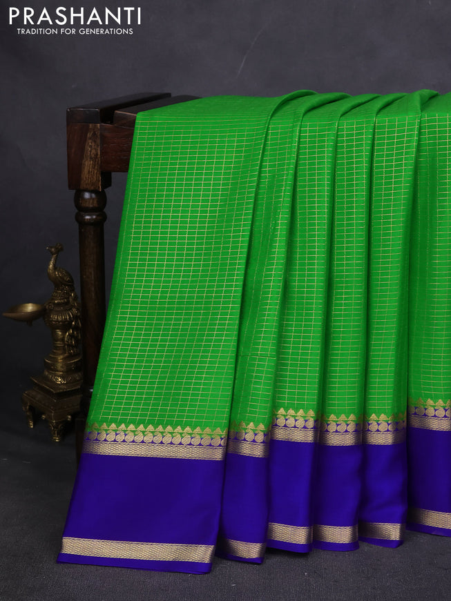 Pure mysore silk saree light green and blue with allover zari checked pattern and rettapet zari woven border