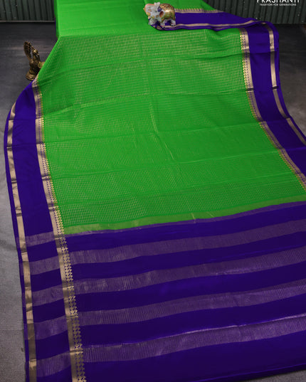 Pure mysore silk saree light green and blue with allover zari checked pattern and rettapet zari woven border