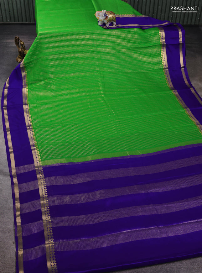 Pure mysore silk saree light green and blue with allover zari checked pattern and rettapet zari woven border