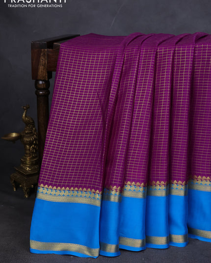Pure mysore silk saree purple and cs blue with allover zari checked pattern and rettapet zari woven border