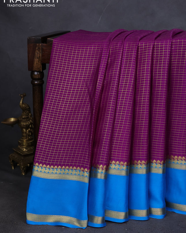 Pure mysore silk saree purple and cs blue with allover zari checked pattern and rettapet zari woven border
