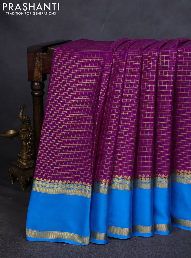 Pure mysore silk saree purple and cs blue with allover zari checked pattern and rettapet zari woven border
