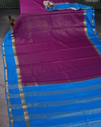 Pure mysore silk saree purple and cs blue with allover zari checked pattern and rettapet zari woven border