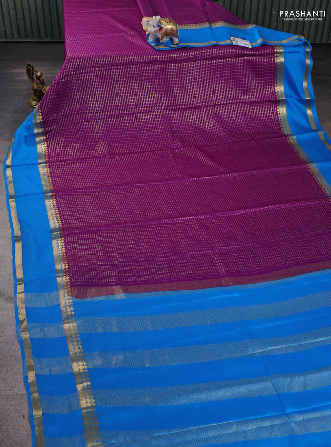 Pure mysore silk saree purple and cs blue with allover zari checked pattern and rettapet zari woven border