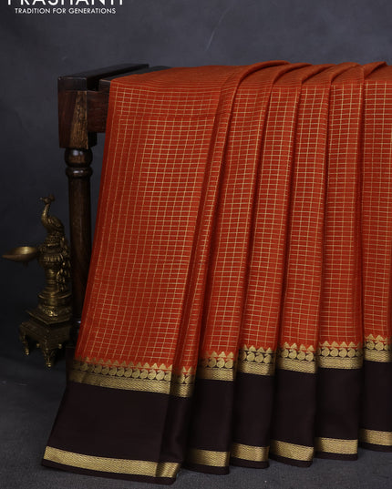 Pure mysore silk saree rustic orange and coffee brown with allover zari checked pattern and rettapet zari woven border