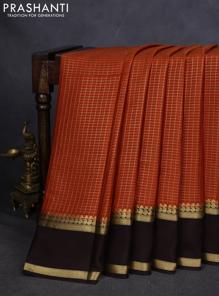 Pure mysore silk saree rustic orange and coffee brown with allover zari checked pattern and rettapet zari woven border